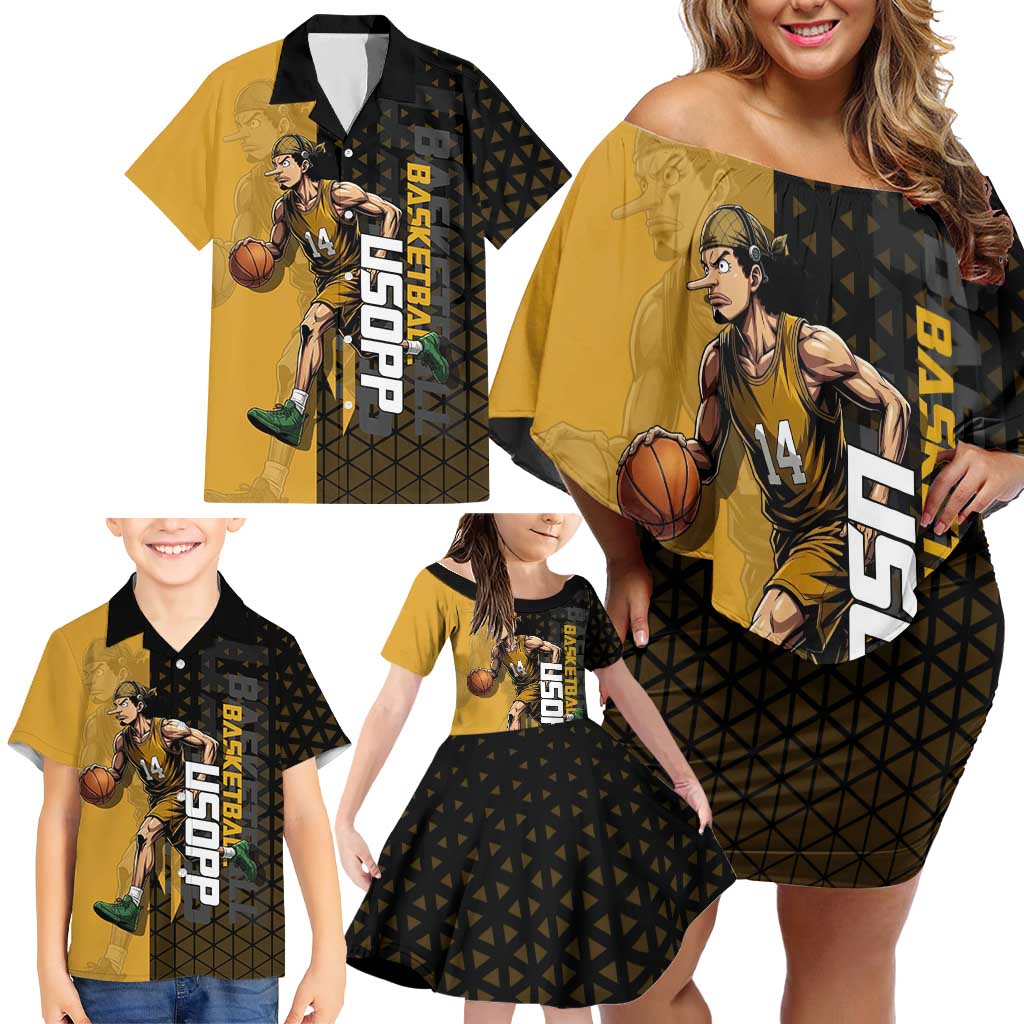 Usopp One Piece Basketball Theme Yellow and Black Design Family Matching Off Shoulder Short Dress and Hawaiian Shirt with Sniper Emblem and Action Pose