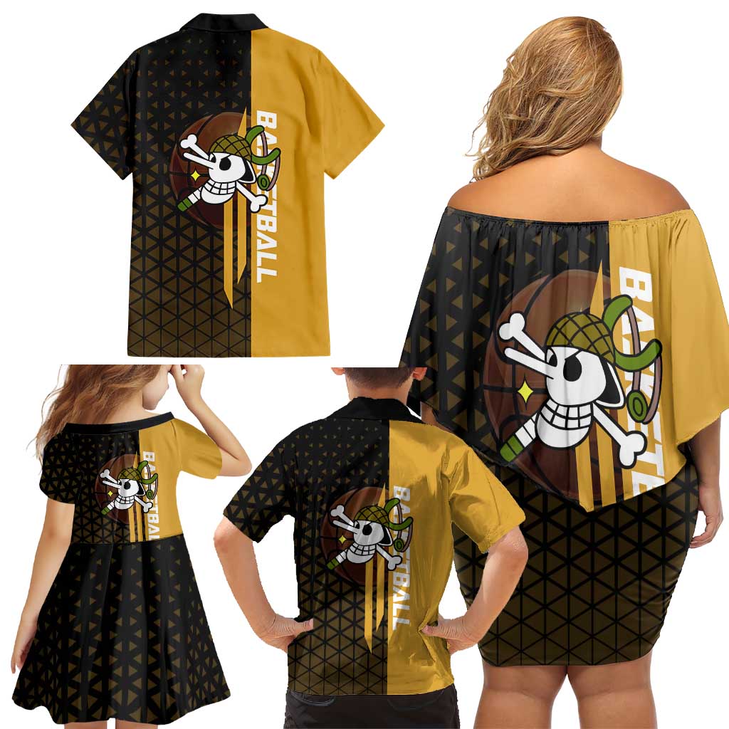 Usopp One Piece Basketball Theme Yellow and Black Design Family Matching Off Shoulder Short Dress and Hawaiian Shirt with Sniper Emblem and Action Pose