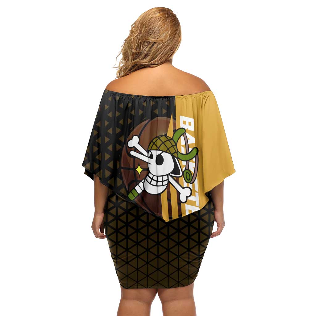 Usopp One Piece Basketball Theme Yellow and Black Design Family Matching Off Shoulder Short Dress and Hawaiian Shirt with Sniper Emblem and Action Pose