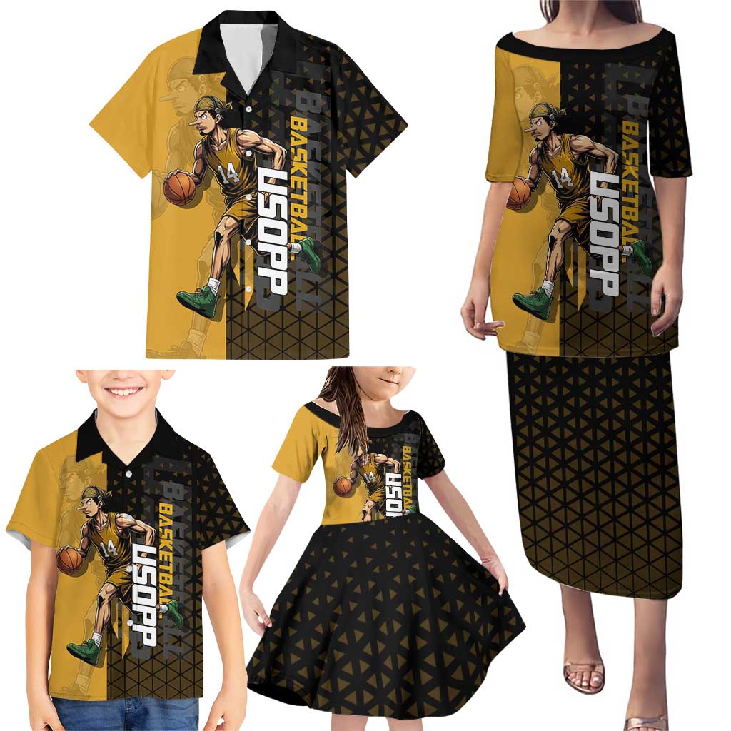 Usopp One Piece Basketball Theme Yellow and Black Design Family Matching Puletasi and Hawaiian Shirt with Sniper Emblem and Action Pose