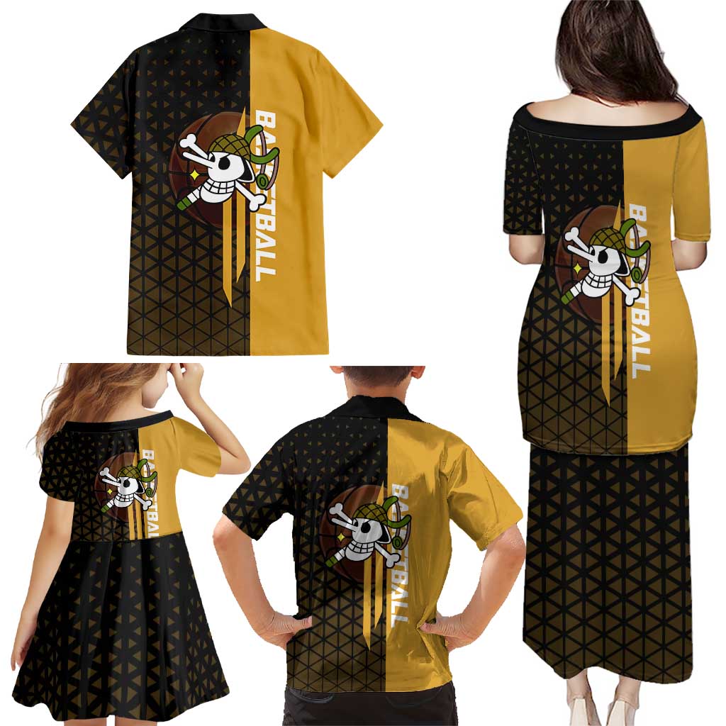Usopp One Piece Basketball Theme Yellow and Black Design Family Matching Puletasi and Hawaiian Shirt with Sniper Emblem and Action Pose