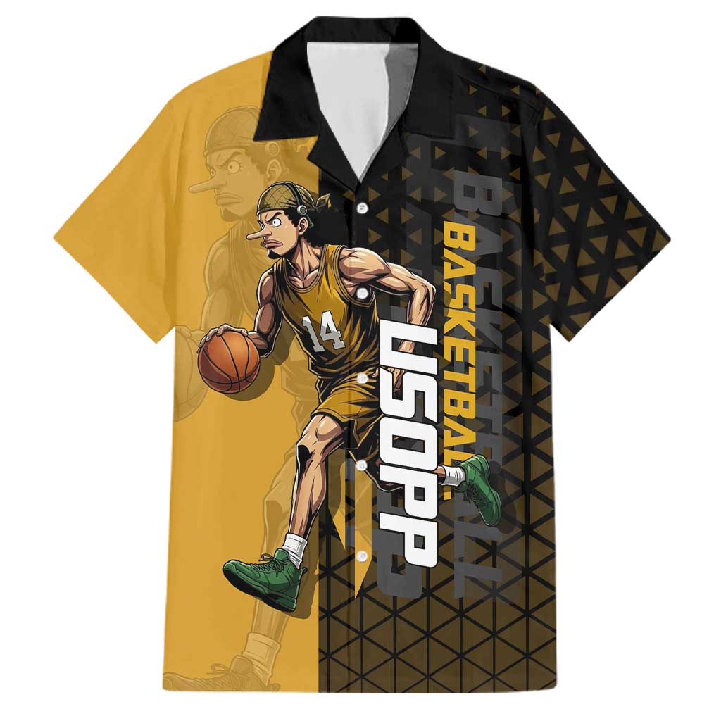 Usopp One Piece Basketball Theme Yellow and Black Design Family Matching Puletasi and Hawaiian Shirt with Sniper Emblem and Action Pose