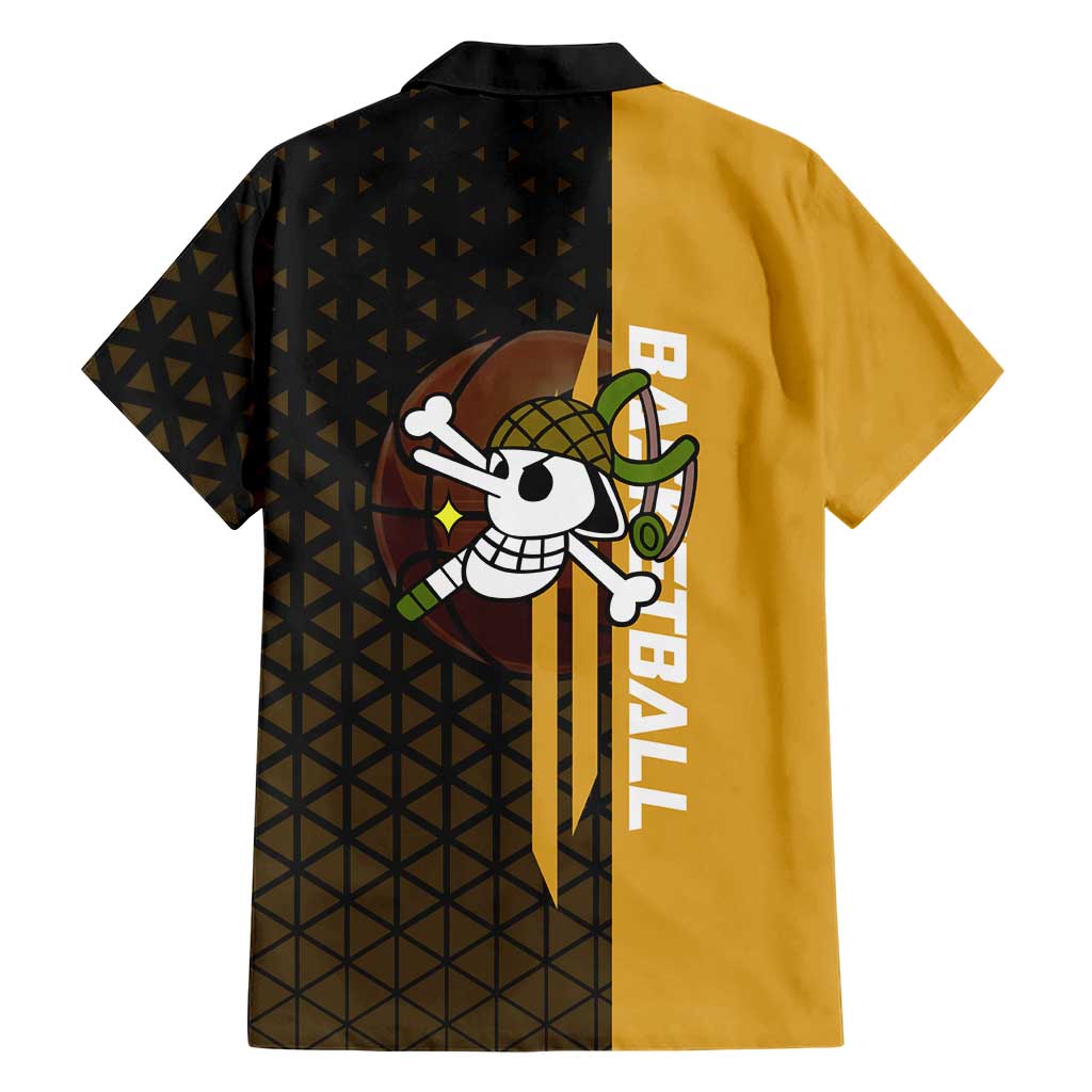 Usopp One Piece Basketball Theme Yellow and Black Design Family Matching Puletasi and Hawaiian Shirt with Sniper Emblem and Action Pose
