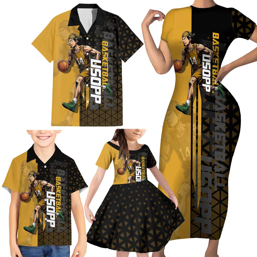 Usopp One Piece Basketball Theme Yellow and Black Design Family Matching Short Sleeve Bodycon Dress and Hawaiian Shirt with Sniper Emblem and Action Pose