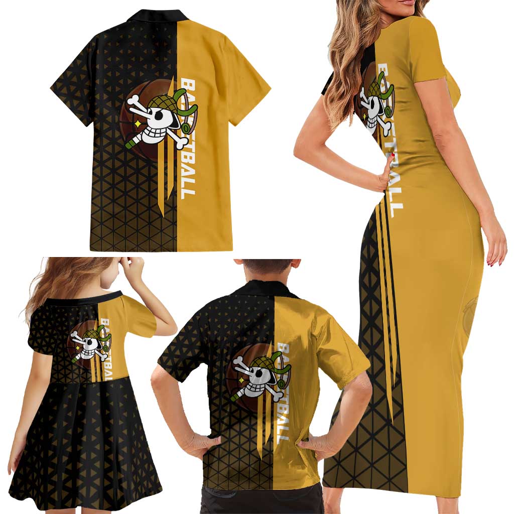 Usopp One Piece Basketball Theme Yellow and Black Design Family Matching Short Sleeve Bodycon Dress and Hawaiian Shirt with Sniper Emblem and Action Pose