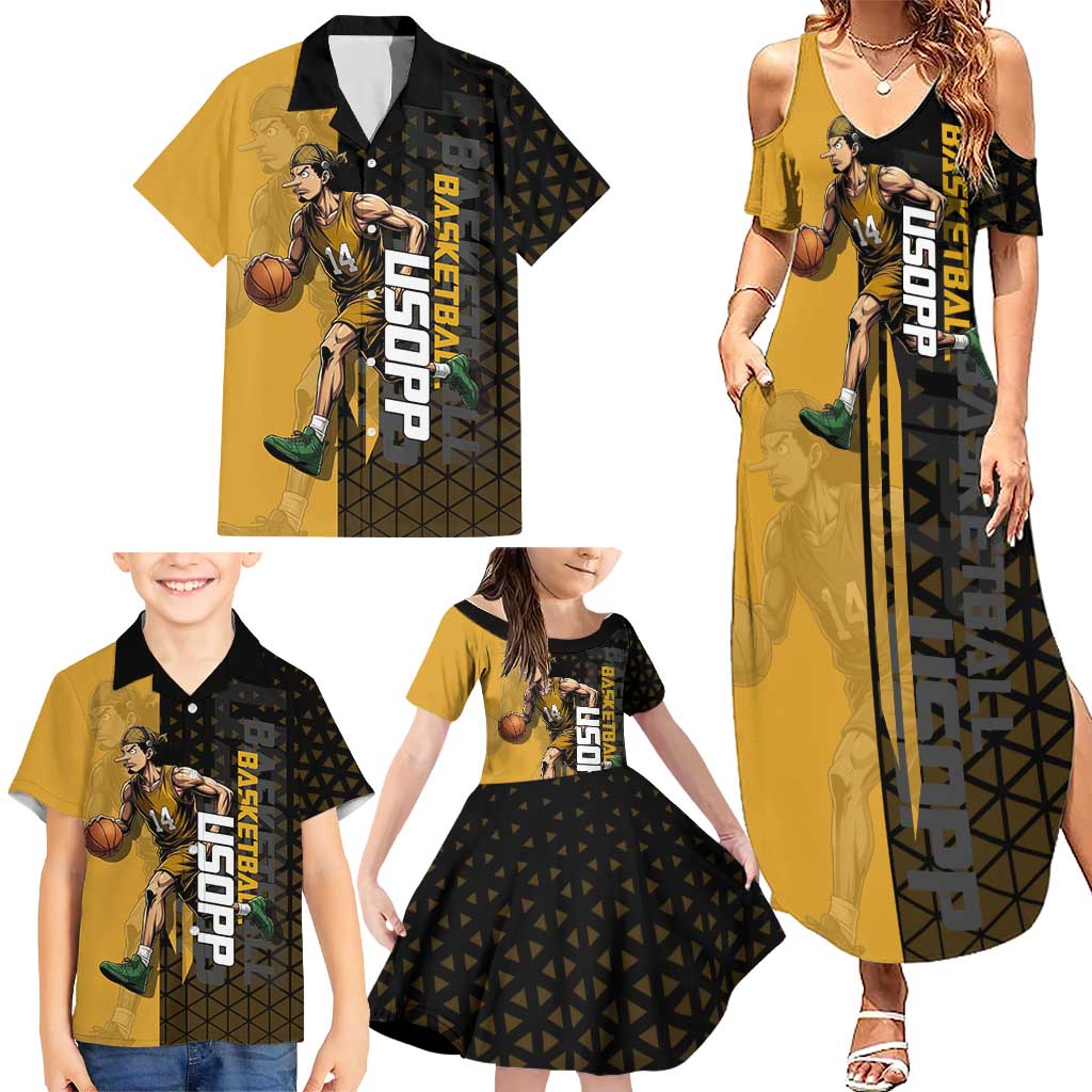 Usopp One Piece Basketball Theme Yellow and Black Design Family Matching Summer Maxi Dress and Hawaiian Shirt with Sniper Emblem and Action Pose