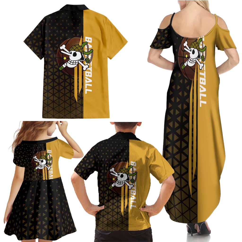 Usopp One Piece Basketball Theme Yellow and Black Design Family Matching Summer Maxi Dress and Hawaiian Shirt with Sniper Emblem and Action Pose