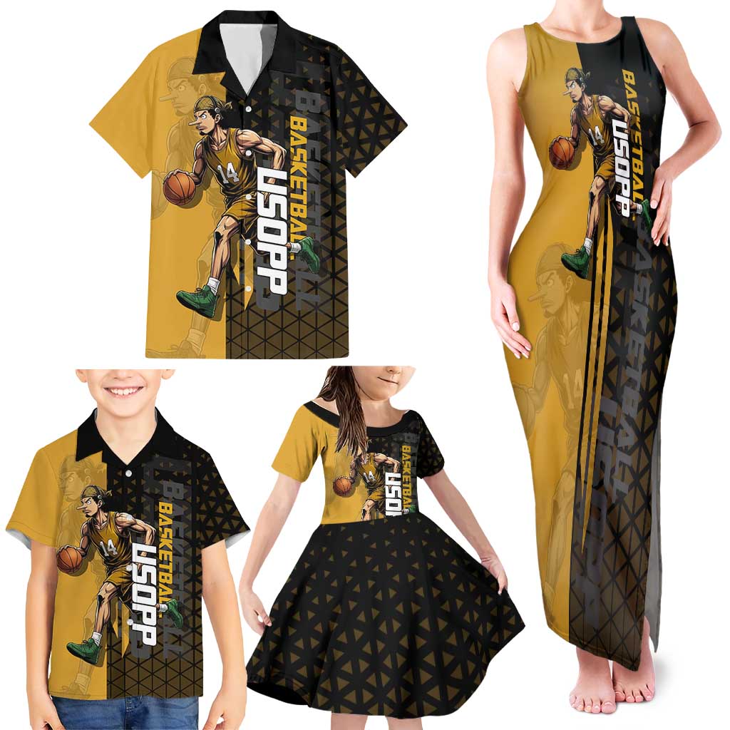 Usopp One Piece Basketball Theme Yellow and Black Design Family Matching Tank Maxi Dress and Hawaiian Shirt with Sniper Emblem and Action Pose