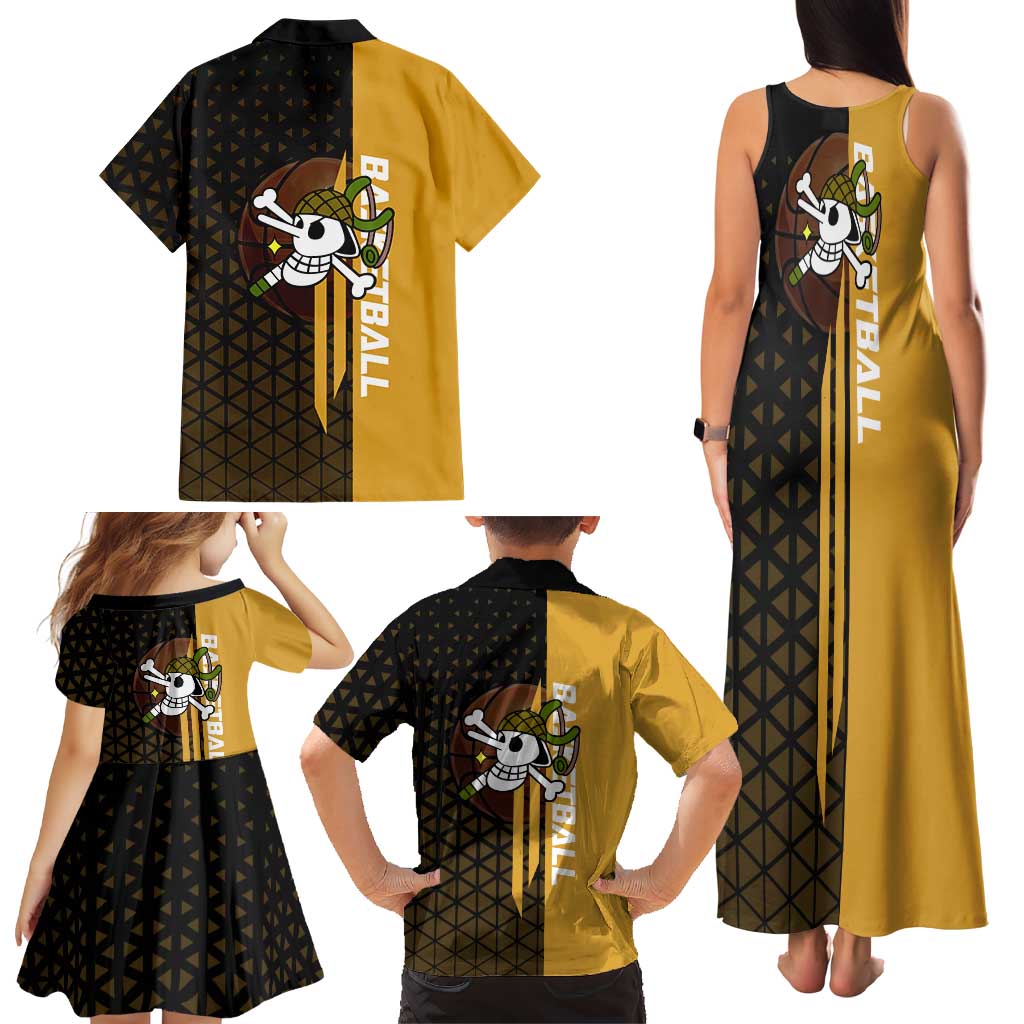 Usopp One Piece Basketball Theme Yellow and Black Design Family Matching Tank Maxi Dress and Hawaiian Shirt with Sniper Emblem and Action Pose