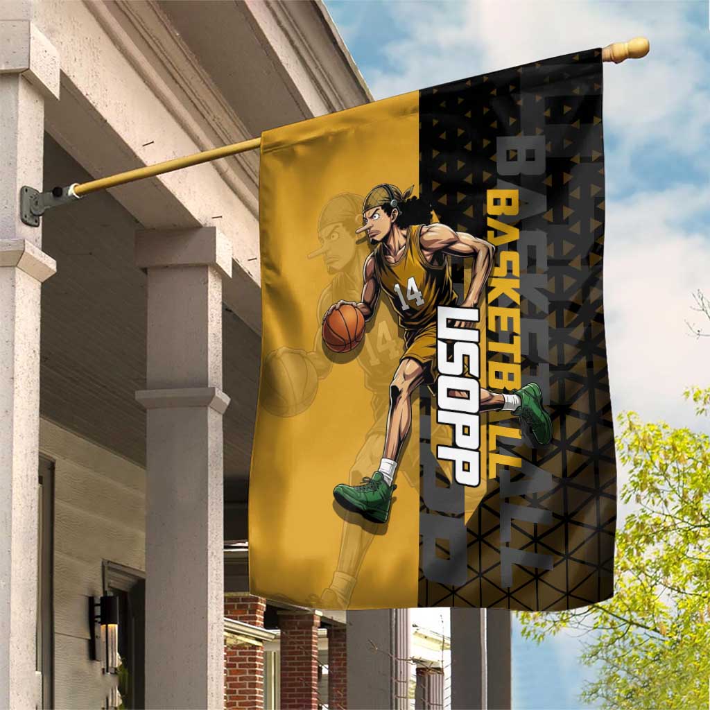 Usopp One Piece Basketball Theme Yellow and Black Design Garden Flag with Sniper Emblem and Action Pose - The Mazicc