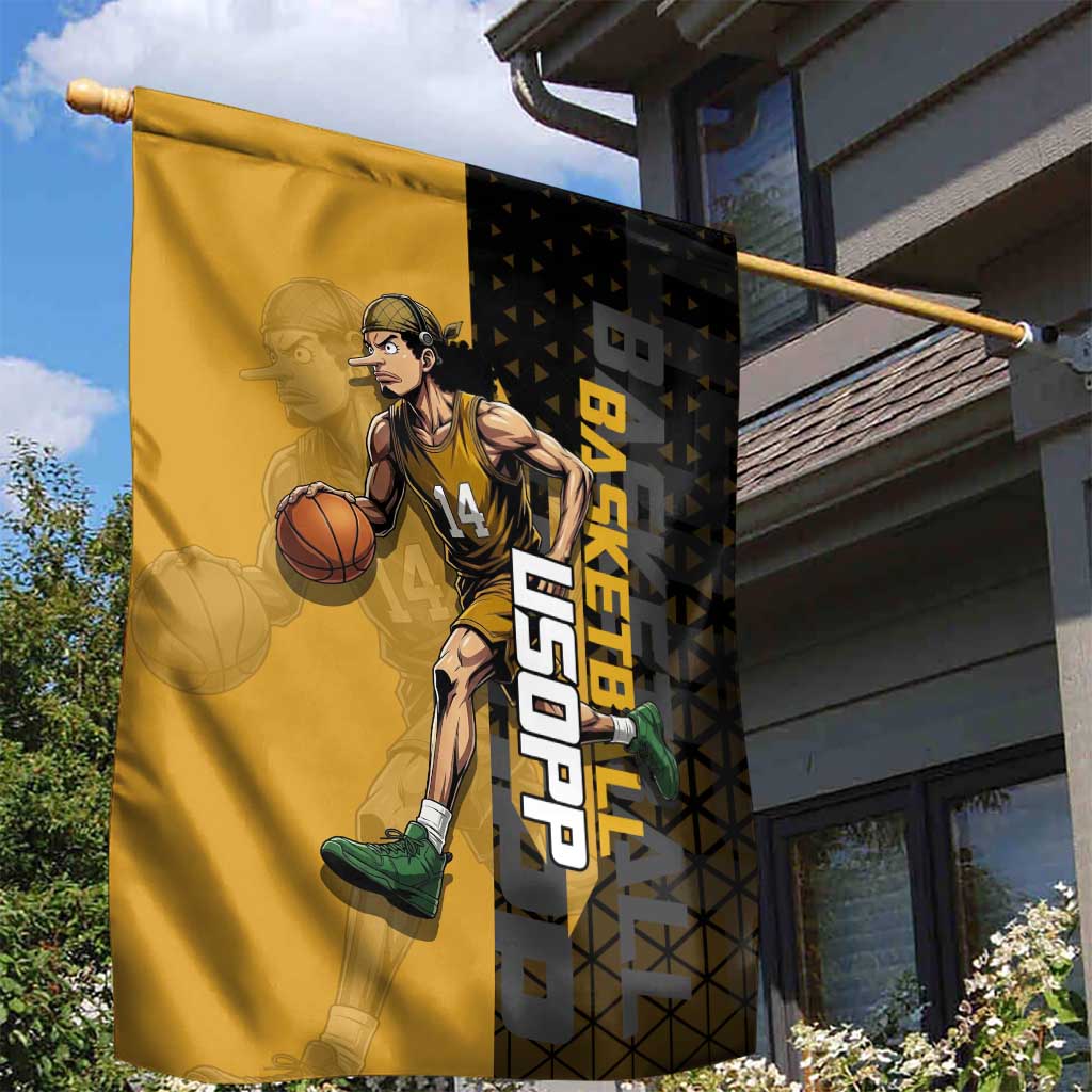 Usopp One Piece Basketball Theme Yellow and Black Design Garden Flag with Sniper Emblem and Action Pose - The Mazicc