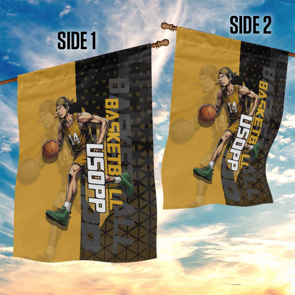 Usopp One Piece Basketball Theme Yellow and Black Design Garden Flag with Sniper Emblem and Action Pose - The Mazicc