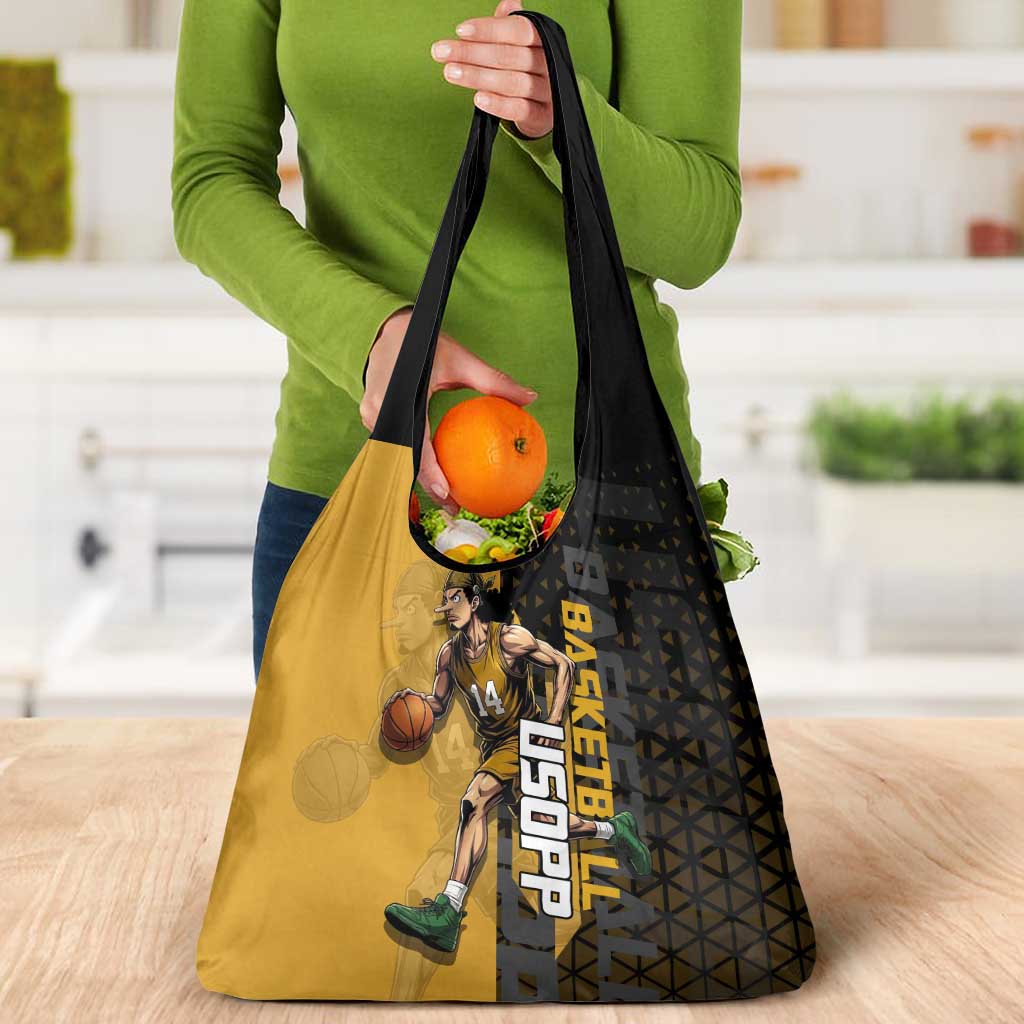 Usopp One Piece Basketball Theme Yellow and Black Design Grocery Bag with Sniper Emblem and Action Pose - The Mazicc