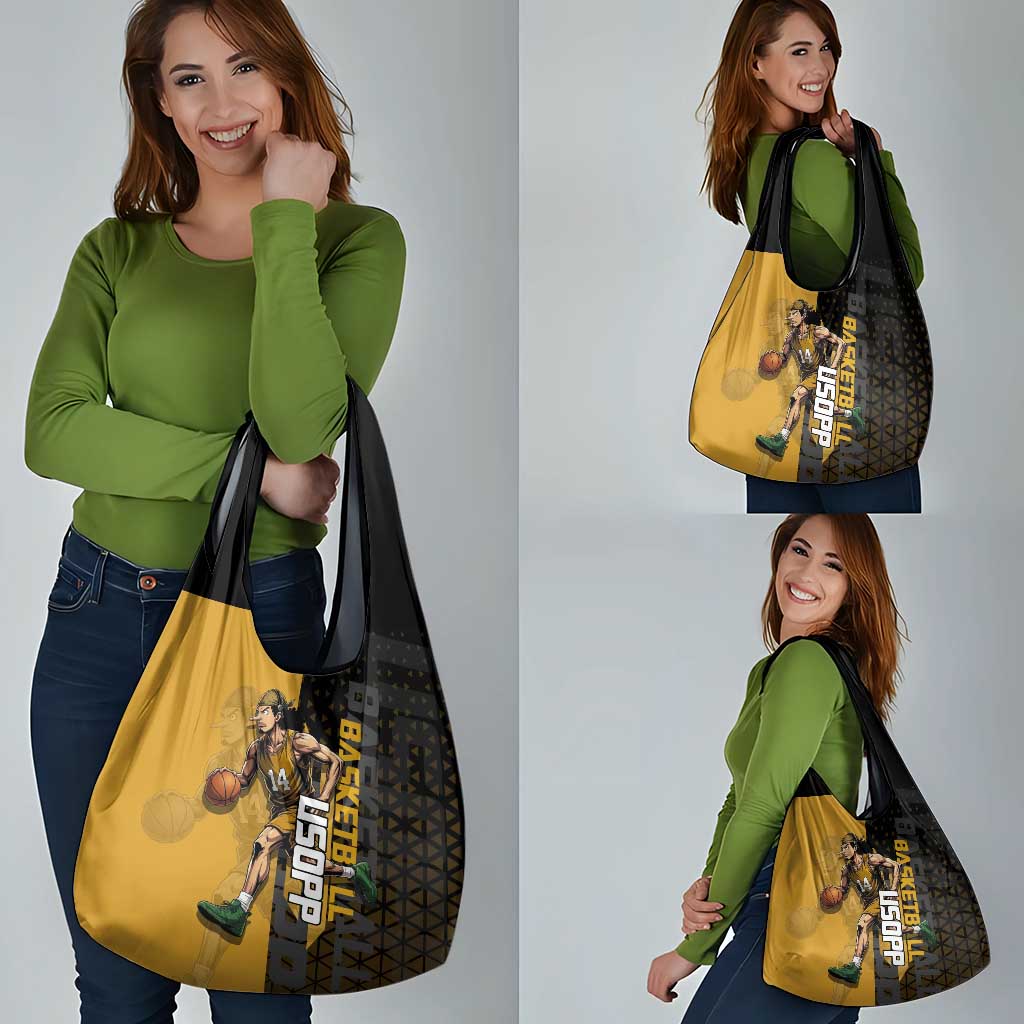 Usopp One Piece Basketball Theme Yellow and Black Design Grocery Bag with Sniper Emblem and Action Pose - The Mazicc