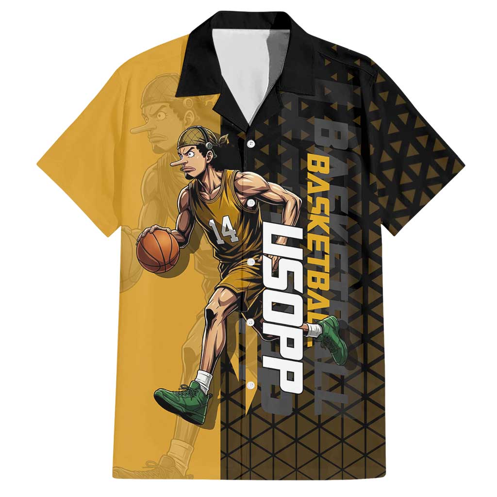 Usopp One Piece Basketball Theme Yellow and Black Design Hawaiian Shirt with Sniper Emblem and Action Pose - The Mazicc
