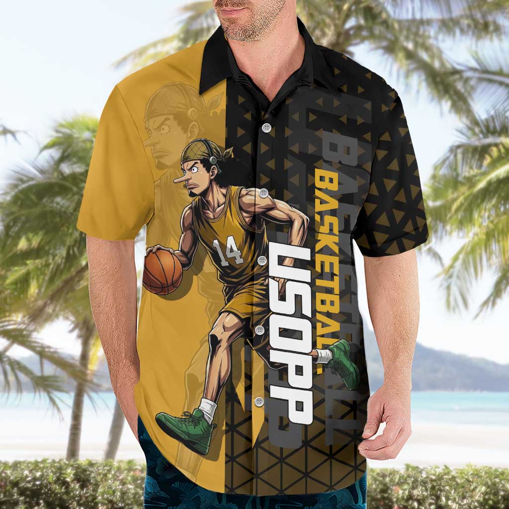 Usopp One Piece Basketball Theme Yellow and Black Design Hawaiian Shirt with Sniper Emblem and Action Pose - The Mazicc