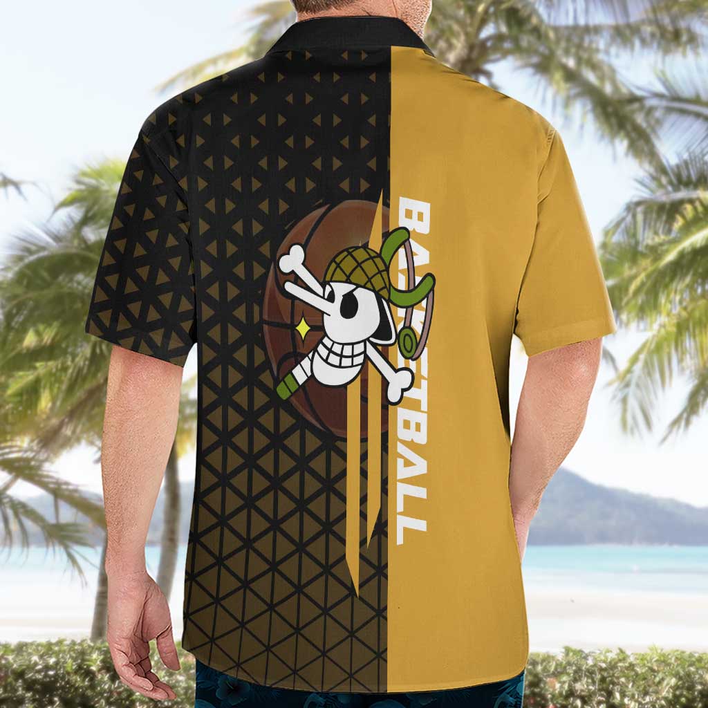 Usopp One Piece Basketball Theme Yellow and Black Design Hawaiian Shirt with Sniper Emblem and Action Pose - The Mazicc
