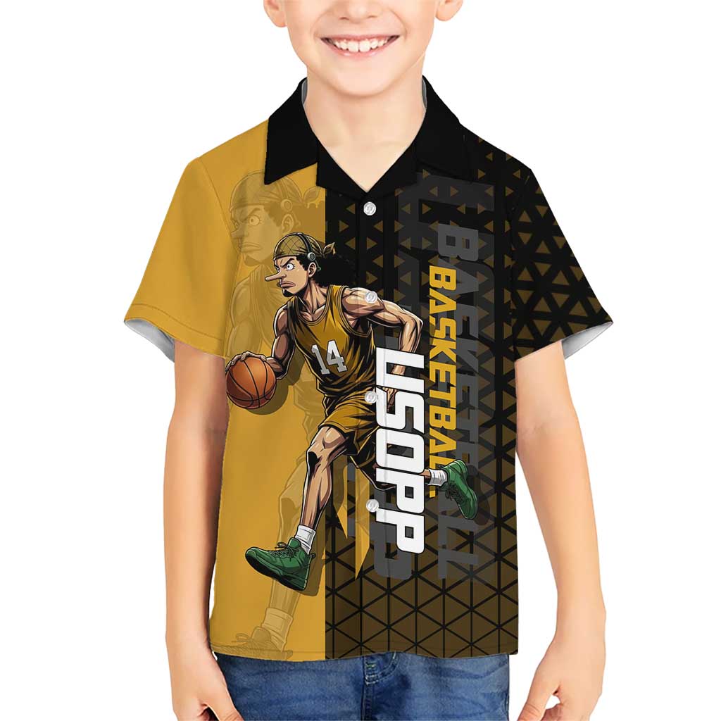 Usopp One Piece Basketball Theme Yellow and Black Design Hawaiian Shirt with Sniper Emblem and Action Pose - The Mazicc