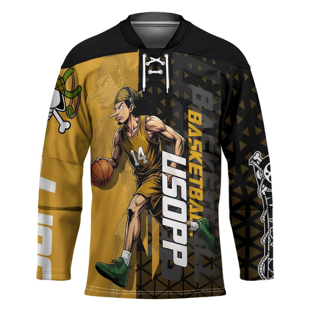 Usopp One Piece Basketball Theme Yellow and Black Design Hockey Jersey with Sniper Emblem and Action Pose - The Mazicc
