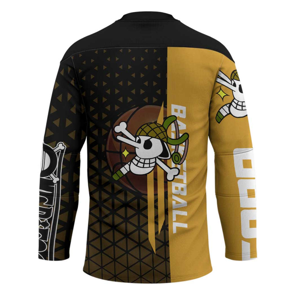 Usopp One Piece Basketball Theme Yellow and Black Design Hockey Jersey with Sniper Emblem and Action Pose - The Mazicc
