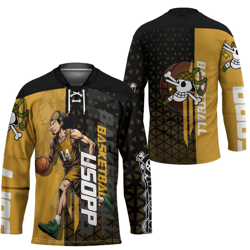 Usopp One Piece Basketball Theme Yellow and Black Design Hockey Jersey with Sniper Emblem and Action Pose - The Mazicc