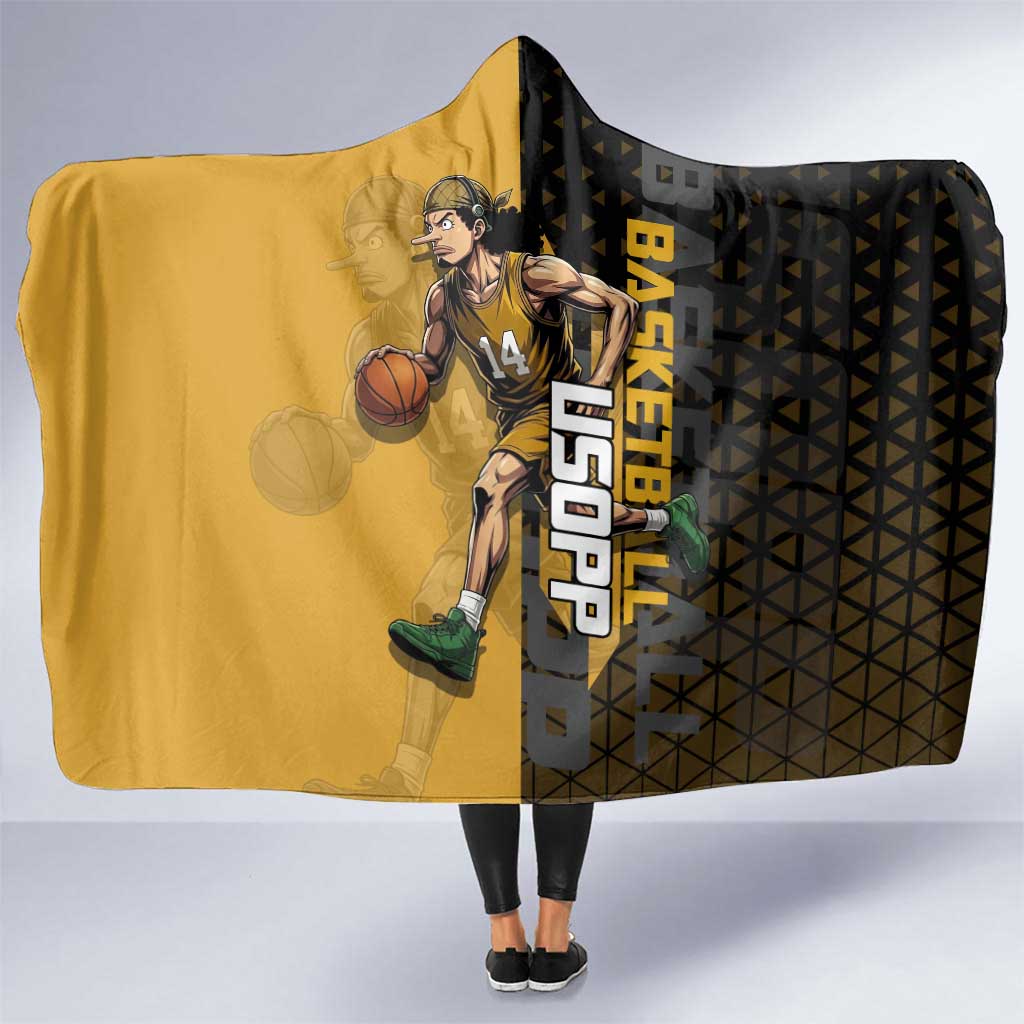 Usopp One Piece Basketball Theme Yellow and Black Design Hooded Blanket with Sniper Emblem and Action Pose - The Mazicc