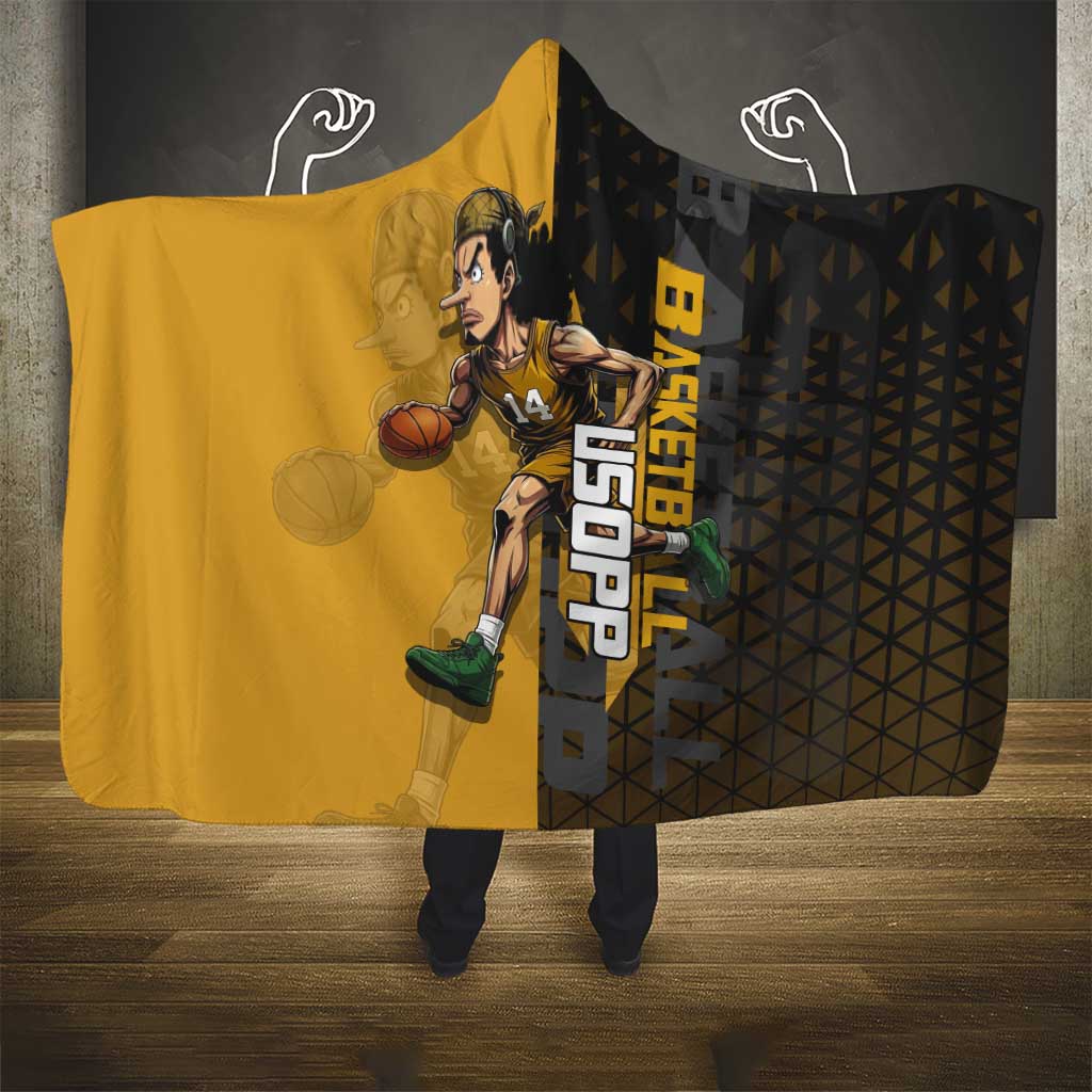 Usopp One Piece Basketball Theme Yellow and Black Design Hooded Blanket with Sniper Emblem and Action Pose - The Mazicc