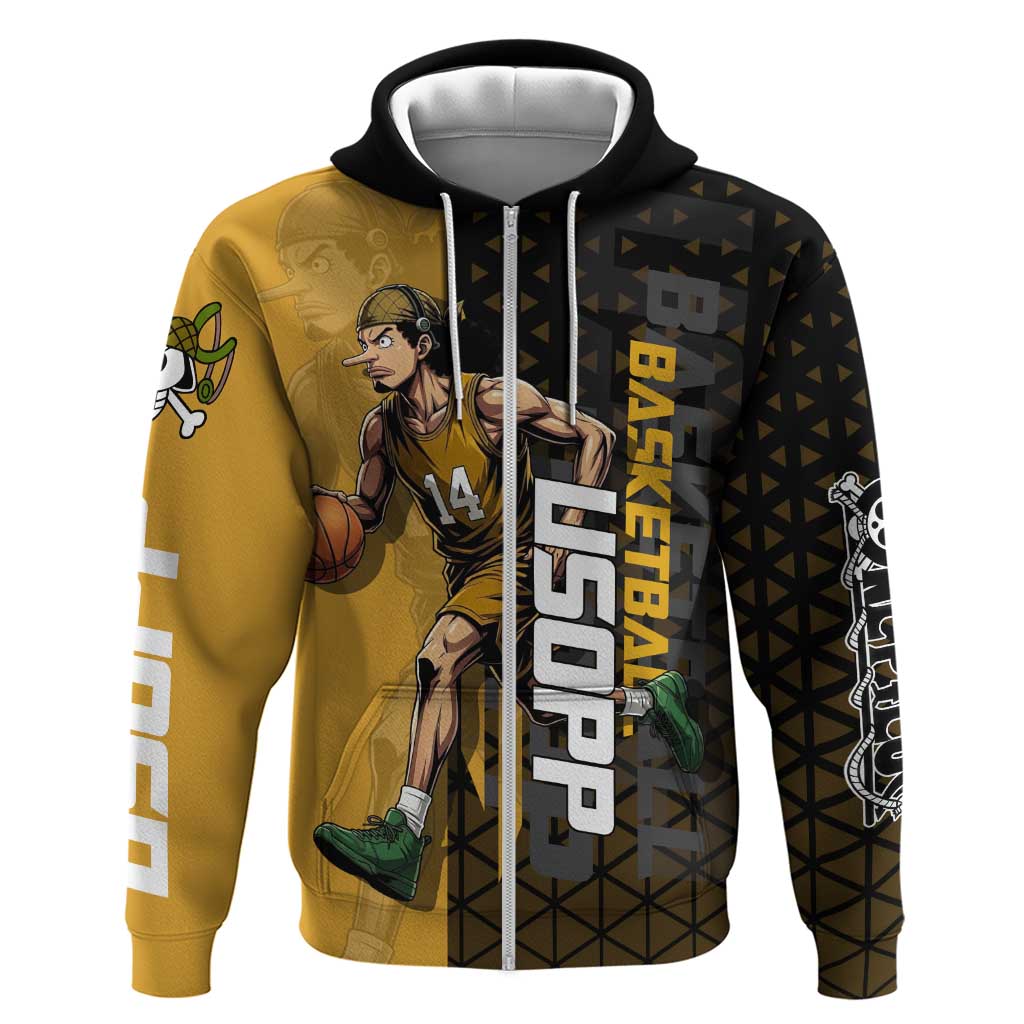 Usopp One Piece Basketball Theme Yellow and Black Design Hoodie with Sniper Emblem and Action Pose - The Mazicc