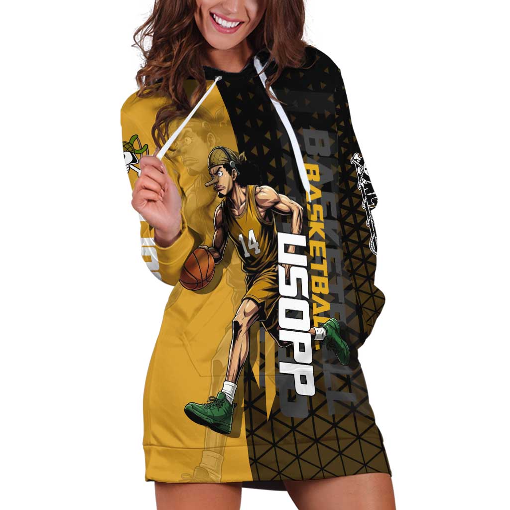 Usopp One Piece Basketball Theme Yellow and Black Design Hoodie Dress with Sniper Emblem and Action Pose - The Mazicc