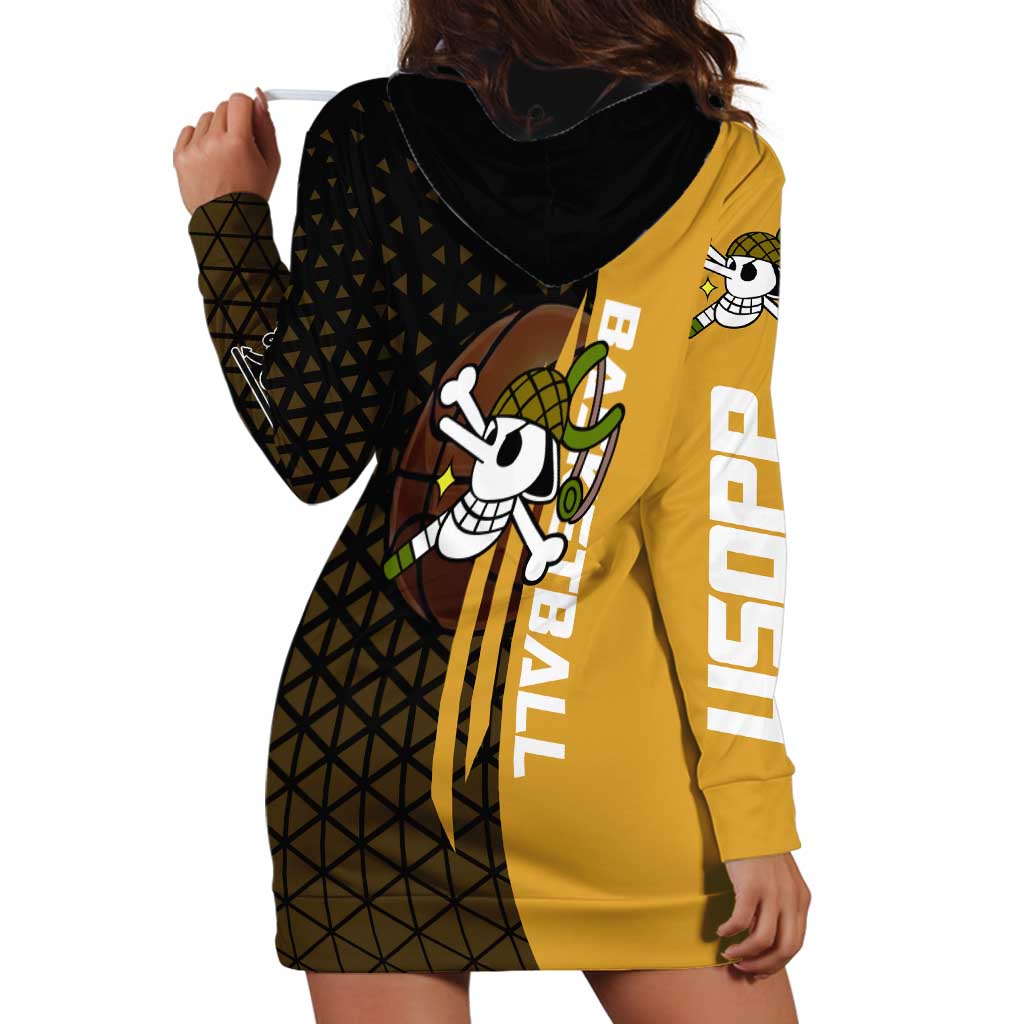 Usopp One Piece Basketball Theme Yellow and Black Design Hoodie Dress with Sniper Emblem and Action Pose - The Mazicc