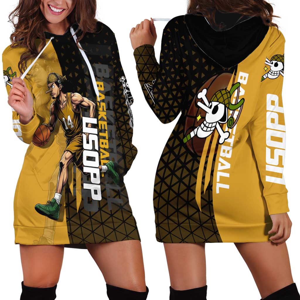 Usopp One Piece Basketball Theme Yellow and Black Design Hoodie Dress with Sniper Emblem and Action Pose - The Mazicc