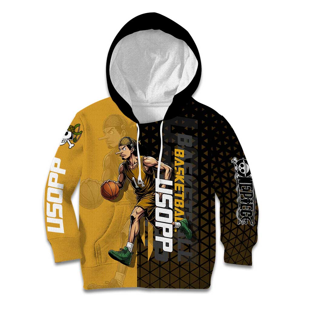 Usopp One Piece Basketball Theme Yellow and Black Design Kid Hoodie with Sniper Emblem and Action Pose - The Mazicc