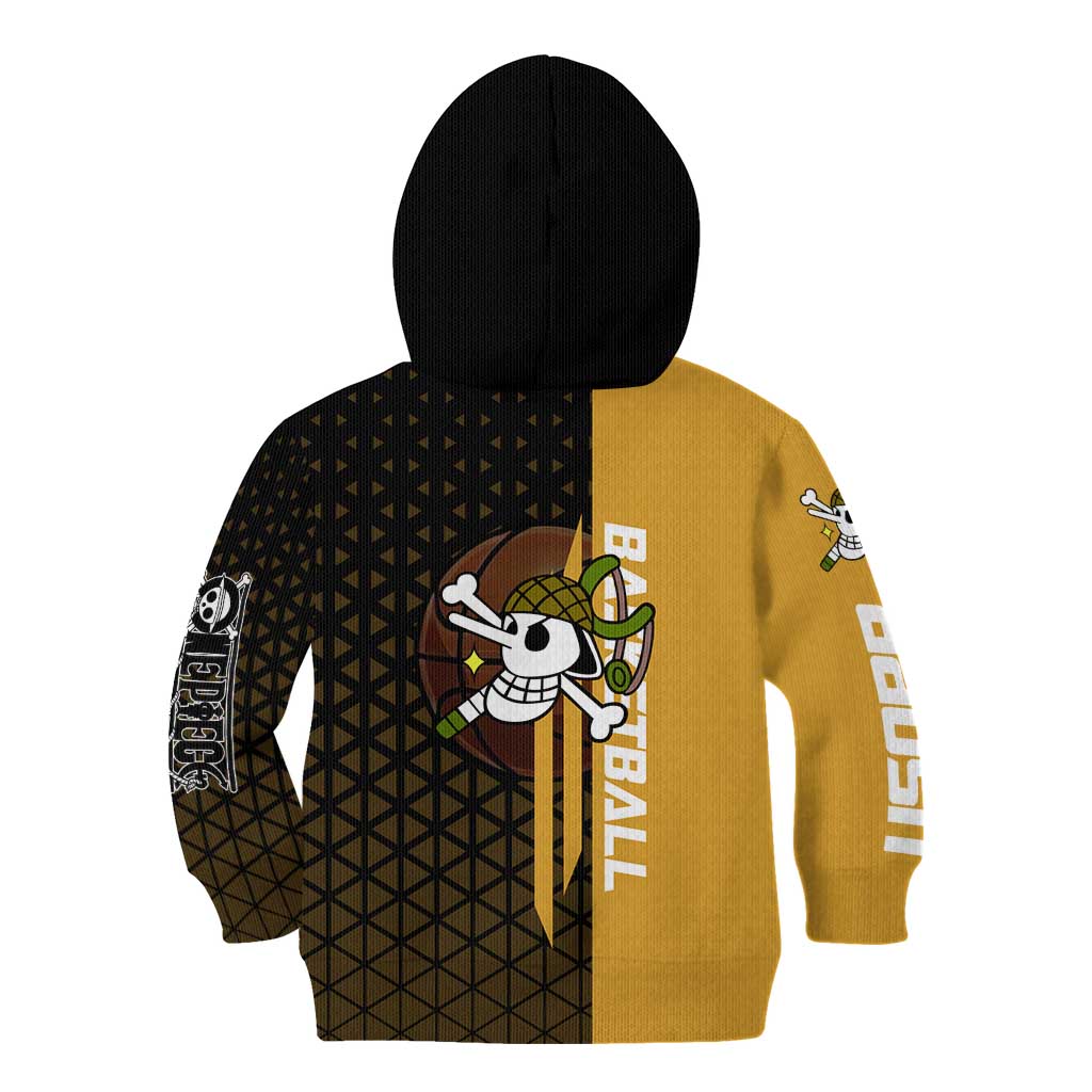 Usopp One Piece Basketball Theme Yellow and Black Design Kid Hoodie with Sniper Emblem and Action Pose - The Mazicc