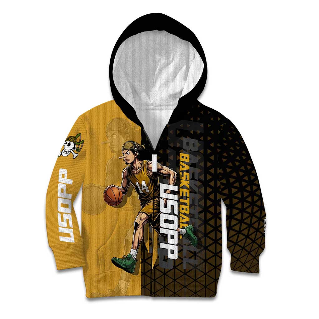 Usopp One Piece Basketball Theme Yellow and Black Design Kid Hoodie with Sniper Emblem and Action Pose - The Mazicc