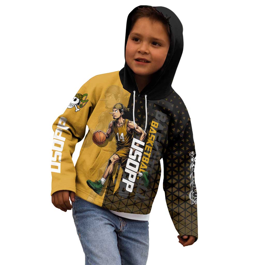 Usopp One Piece Basketball Theme Yellow and Black Design Kid Hoodie with Sniper Emblem and Action Pose - The Mazicc