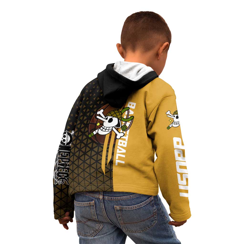 Usopp One Piece Basketball Theme Yellow and Black Design Kid Hoodie with Sniper Emblem and Action Pose - The Mazicc