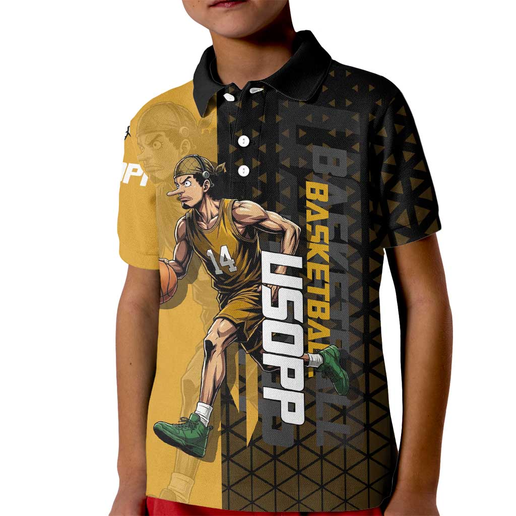 Usopp One Piece Basketball Theme Yellow and Black Design Kid Polo Shirt with Sniper Emblem and Action Pose - The Mazicc