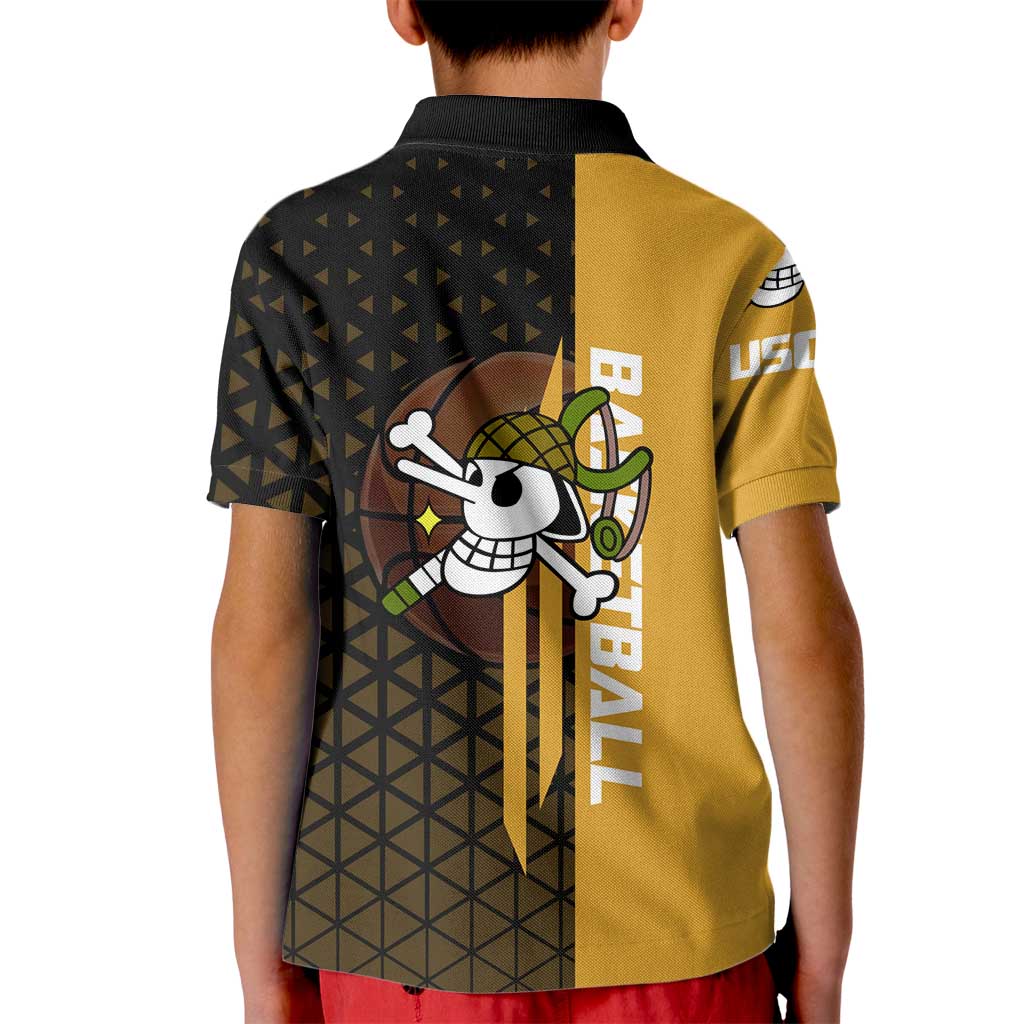 Usopp One Piece Basketball Theme Yellow and Black Design Kid Polo Shirt with Sniper Emblem and Action Pose - The Mazicc