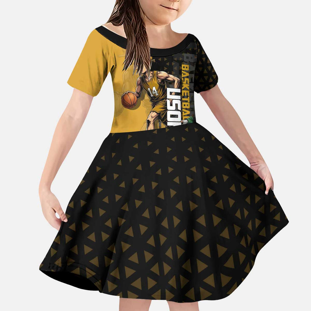 Usopp One Piece Basketball Theme Yellow and Black Design Kid Short Sleeve Dress with Sniper Emblem and Action Pose - The Mazicc