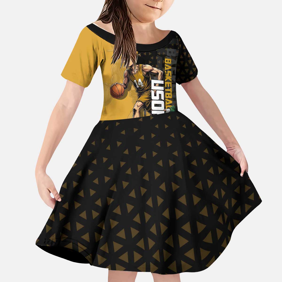 Usopp One Piece Basketball Theme Yellow and Black Design Kid Short Sleeve Dress with Sniper Emblem and Action Pose - The Mazicc