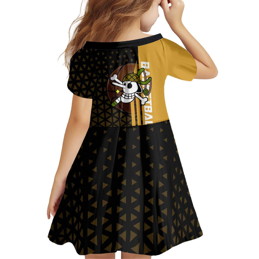 Usopp One Piece Basketball Theme Yellow and Black Design Kid Short Sleeve Dress with Sniper Emblem and Action Pose - The Mazicc