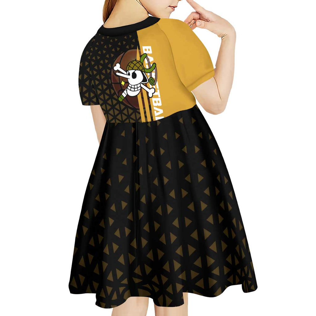 Usopp One Piece Basketball Theme Yellow and Black Design Kid Short Sleeve Dress with Sniper Emblem and Action Pose - The Mazicc
