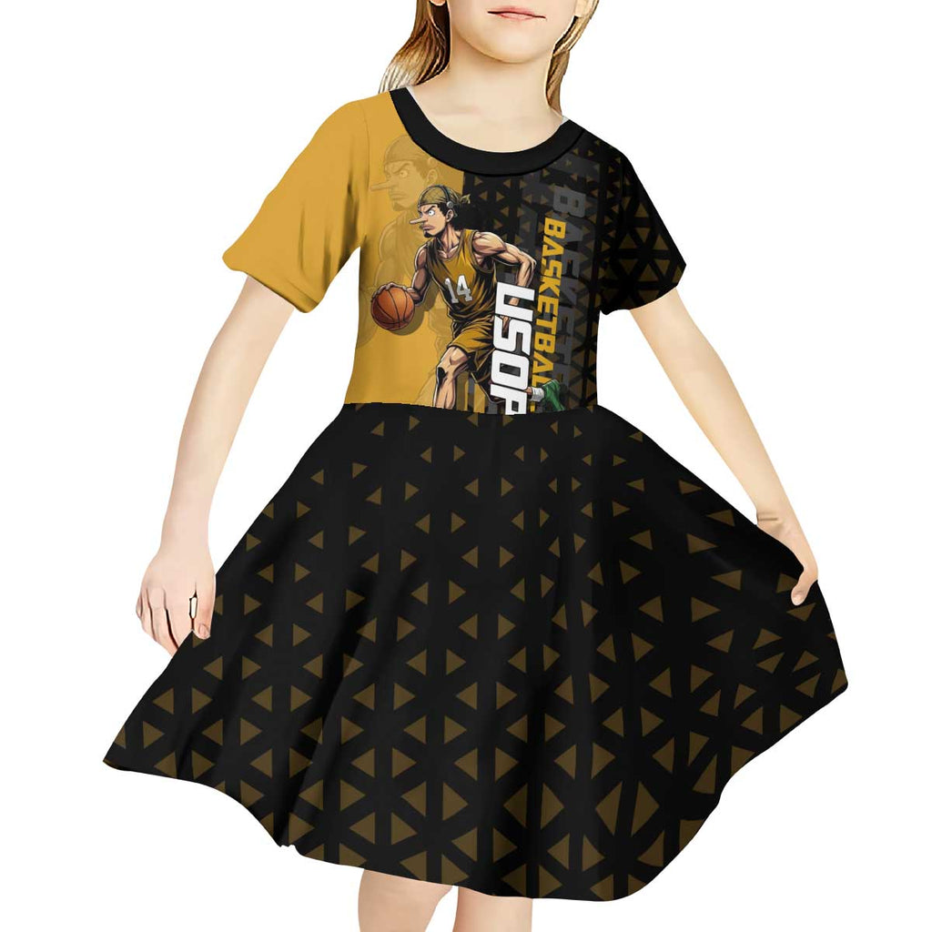 Usopp One Piece Basketball Theme Yellow and Black Design Kid Short Sleeve Dress with Sniper Emblem and Action Pose - The Mazicc