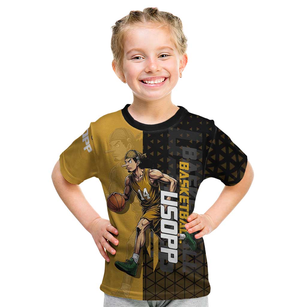 Usopp One Piece Basketball Theme Yellow and Black Design Kid T Shirt with Sniper Emblem and Action Pose - The Mazicc