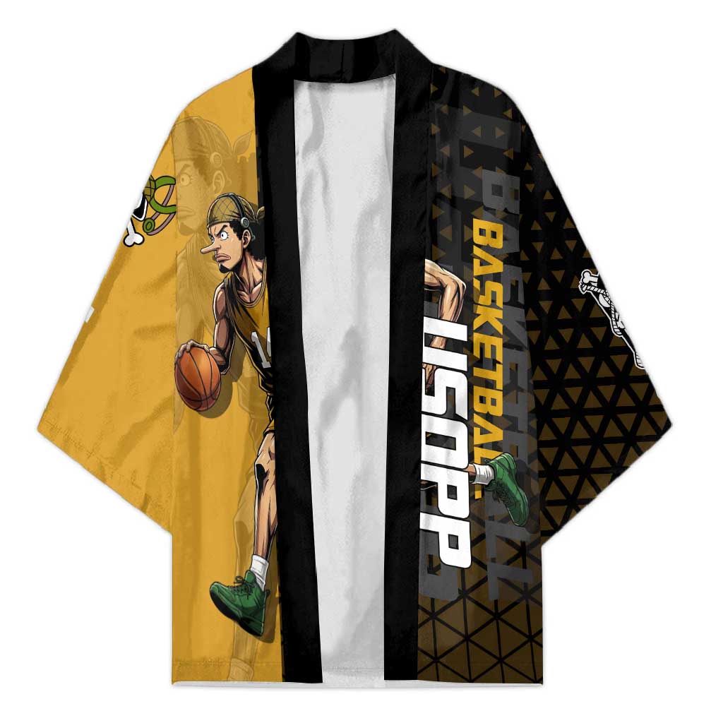 Usopp One Piece Basketball Theme Yellow and Black Design Kimono with Sniper Emblem and Action Pose - The Mazicc