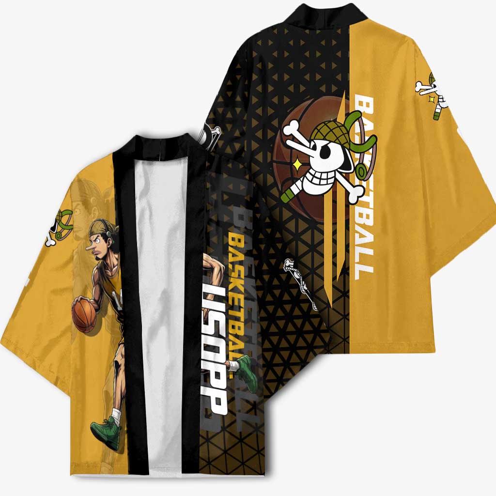 Usopp One Piece Basketball Theme Yellow and Black Design Kimono with Sniper Emblem and Action Pose - The Mazicc