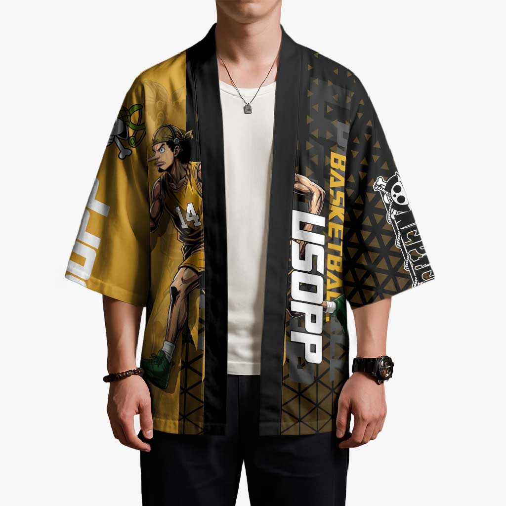Usopp One Piece Basketball Theme Yellow and Black Design Kimono with Sniper Emblem and Action Pose - The Mazicc
