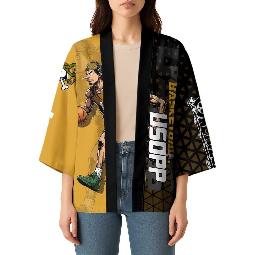 Usopp One Piece Basketball Theme Yellow and Black Design Kimono with Sniper Emblem and Action Pose - The Mazicc