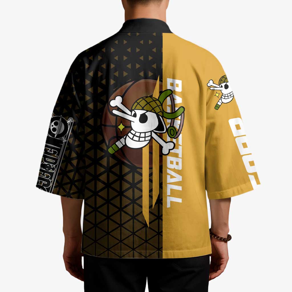 Usopp One Piece Basketball Theme Yellow and Black Design Kimono with Sniper Emblem and Action Pose - The Mazicc