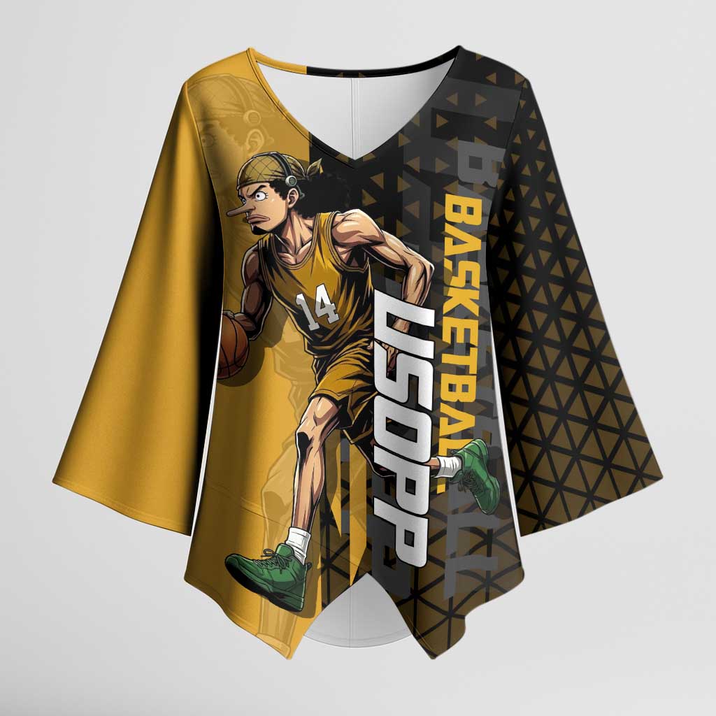 Usopp One Piece Basketball Theme Yellow and Black Design Kimono Sleeve Blouse with Sniper Emblem and Action Pose - The Mazicc